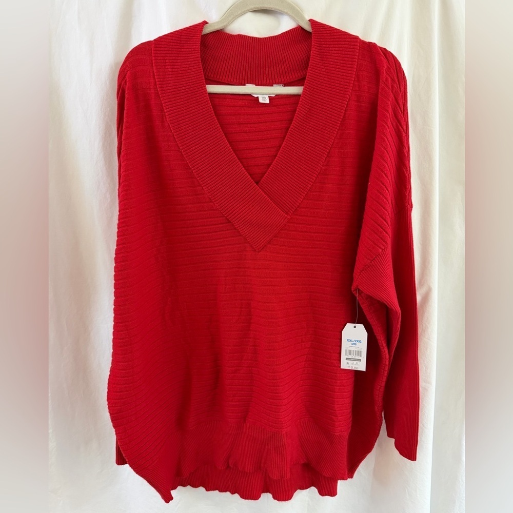🆕 Red V-Neck Women's Oversized Sweater XXL